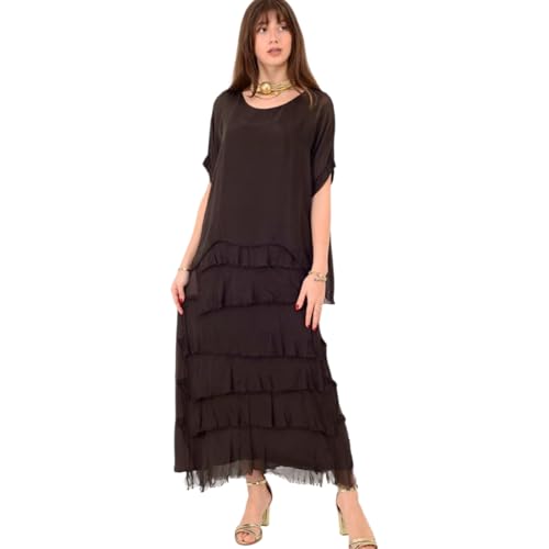 Image of Alam Exclusive Ladies Womens Italian Lagenlook Plain Short Sleeve Frill Frayed Detail Silk Midi Maxi Dress One Size UK Elegant (UK, Numeric, 8, 16, Regular, Regular, Brown)
