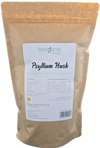 Biorganic Psyllium Husk 100% natural, 500g. Cáscaras de psyllium indio (plantago ovata), rico en fibra y vegano. Saciante. Mejora el tracto intestinal. Marca española.