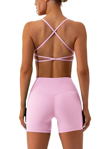 ABOCIW Workout Sets for Women 2 Piece Twist Front Halter Sports Bras High Waist Biker Shorts Exercise Gym Yoga Outfit
