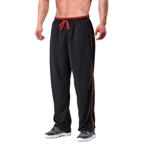 EKLENTSON Mens Loose Fit Jogging Pants Bodybuilding Lightweight Tracksuit Bottoms Yoga Pants with Zip Pockets Black-red