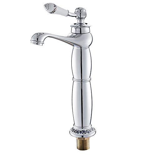 Robinet salle de bain retro, Rétro mitigeur de lavabo laiton céramique évier, Robinet bleu noir vintage floral en porcelaine long cou, Mitigeur cuisine salle de bain haut chromé d'eau froide et chaude