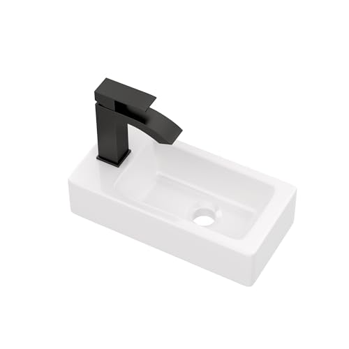 Kichae Wall Mount Sink Small - 15" x 7" Floating Bathroom Sink Rectangle White Porcelain Ceramic Left Hand Sink with Faucet Combo