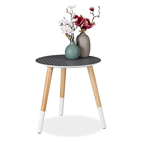Relaxdays Mesa Auxiliar Redonda con Patrón Decorativo, DM-Madera, Negro-Blanco-Marrón, 40,5 x 40 cm Cover