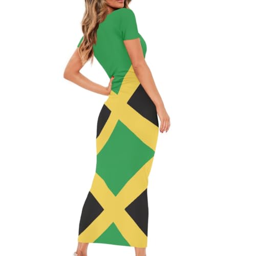 Image of Womens Short Sleeve Jamaican Flag Midi Bodycon Dress | Soft stretchy fabric,crew neck,jamaican print casual date night cocktail party, elegant chic, spring summer fall all season