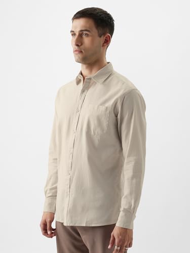 Image of The Souled Store Solid Linen: Beige Color Men and Boys Regular Outdoor Fit Full Sleeve Collared Neck Spread Collar Casual Wear Stylish Comfortable Premium Elegant Cotton Shirts