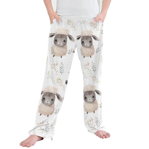 Cute Sheep Long Pajama Pants Elastic Waist PJ Bottoms with Pockets S A111672