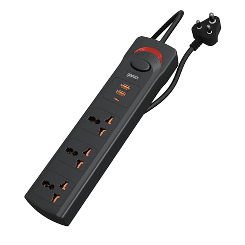 Image of Geonix PowerSpan U3 | Extension Board /Strip, 1500 Watts, 6 Amps, 1x Type C Port, 3X Universal Socket, 2X USB Port, LED Indicator, On /Off Switch, Wall Mountable, 3mtr Long Pure Copper Cable (Black)