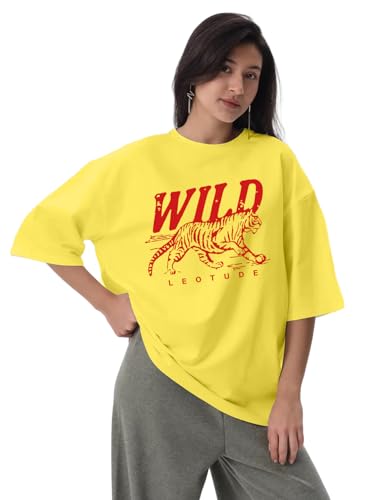Image of LEOTUDE Half Sleeve Cottonblend Oversized Tshirt for Women, Round Neck Longline Printed Raglan Sleeve Colourblocked Drop Shoulder Baggie T-Shirt Top for Woman (Color Pink)