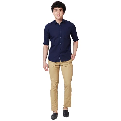 Image of Colorplus Men's Cotton Blend Solid Piece Dyed Pattern Contemporary Fit Flat Front Casual Trouser