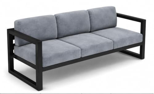 Image of Modern 3-Seater Outdoor Sofa with Black Metal Frame & Grey Cushions Set Upon a Sturdy Black Metal Geometric Base Frame.