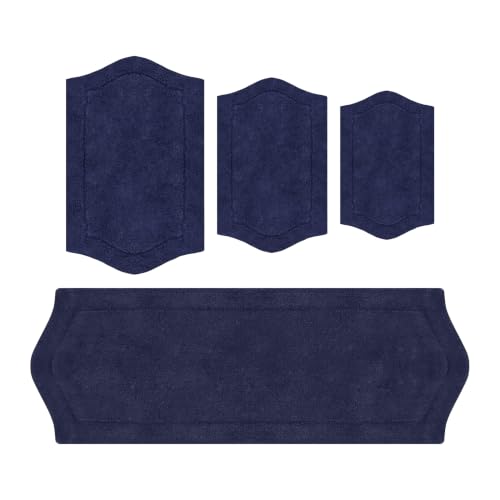 Home Weavers Waterford Collection 100% Cotton Tufted Bath Rug, Extra Soft and Absorbent Bath Rugs, Non-Slip Bath Mats, Machine Washable Bath Mats for Bathroom, 4 Piece Set with Runner, Navy