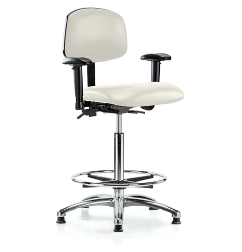 Image of Perch Chrome Stationary Multi-Task Office Chair with Adjustable Armrests and Foot Ring | High Bench Height 24-33.5 inch | Off-White Vinyl