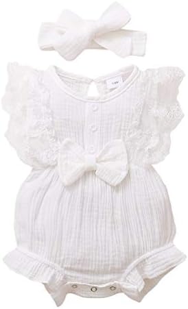 SOLOYEE 2PCS Newborn Baby Girl Romper 0-18M Summer Outfits Clothes, Ruffle Sleeve Jumpsuit Bodysuit + Headband