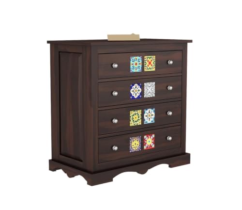 Image of Wooden Chest of Drawers for Living Room with 4 Drawer - Solid Wood Chest of Drawers Wooden Drawer Cabinet Chest of Drawer for Bedroom Storage Cabinet (James, Walnut Finish)