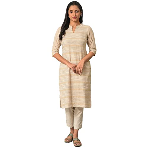 Image of Aurelia Women's Cotton Straight Fit Straight Solid Regular Floral Printed Kurta
