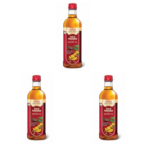 Fortune Premio Cold Pressed Mustard Oil 1L Bottle | Rajasthan Mustard Seeds | Rich in Omega 3 & 6 (PUFA) | Natural Antioxidants | Strong Aroma | Ideal for Frying & Pickles (Pack of 3)