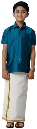 Boys Silk Cotton Shirt & Dhoti Set | Half Sleeve Regular Fit | Traditional Ethnic Wear for Festive & Wedding