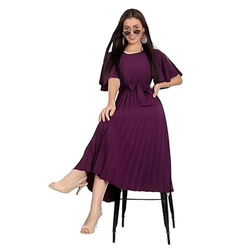 Image of KUDUZO Women's Crepe Long Pleated Below Knee Length Flutter Sleeve Round Neck S to XL Maxi Dress for Girls. (EG-U0IM-B9A1)