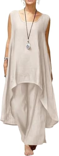 Linen Sets for Women 2 Piece Linen Outfits Trendy V Neck Irregular Linen Tops and Wide Leg Linen Pants Suits