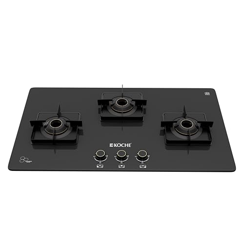 Image of KOCHE BETTY 3 Burner Built-In Gas Hob 77cm Auto Ignition | Hob /Cooktop Hybrid | High Power Brass Burners Gas Stove | Cast Iron Pan Support | Metal Knobs | Black Toughened Glass | 5 Years Warranty
