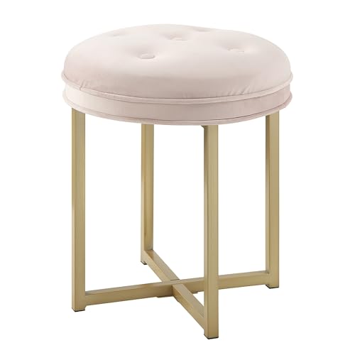Azalea Park Glam Gold Upholstered Tufted Round Vanity Stool, Pink Velvet