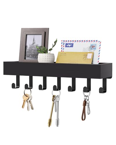 Image of Key Holder Wall Mount Magnetic Adhesive, Key Hooks Rack with Shelf | Key Hanger with Mail Organizer for RV Camper Fridge Living Room Decor, Home Essentials, Large Black