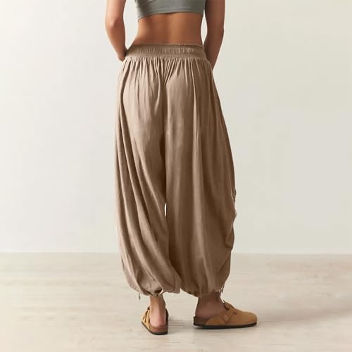 Palazzo Harem Pants Women with Pockets Boho Low Rise Pleated Wide Leg Cropped Pants Loose Side Slit Lounge Pants3