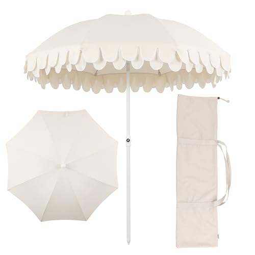 JONATHAN Y UMB1004C Horizon 6.5 ft. Classic MidCentury Scalloped Fringe Market Beach Umbrella with Push-Button Tilt, Wind Vent and UV Protection, and Matching Carry Bag in Cream/White, White Pole by JONATHAN Y - Used condition - CA$131.04