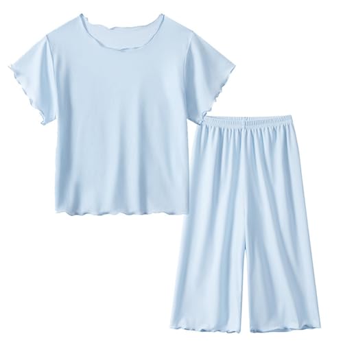 Kids Cotton 𝐏a𝐣ama Set Flowy Ruffle 𝐏ajamas Thin Loung𝐞wear Girls Summer Sl𝐞epwear with Wide Leg Pants Soft 𝐏𝗝s