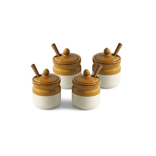 Image of ExclusiveLane 'Barni Tales' Ceramic Pickle Jars for Dining Table With Spoon & Iron Holder (Set Of 4, Non-Airtight, 270 ml) | Pickle Jar With Spoon Achar Jar Set Achar Container Set for Dining Table|