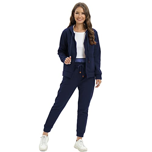 amropi Women's Hooded Tracksuit Set Warm Fleece Hoodie Jacket and Pants Winter Sweatsuit Navy, XXL - Image 3