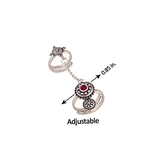 Image of Voylla Brass Silver Oxidised Adjustable Two Finger Ring with Red Stone for Women and Girls