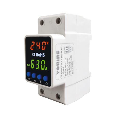 Image of YOKINS Advanced Adjustable Over & Under Voltage Protector Relay with Overcurrent Protection | 63A 230V DIN Rail Mounted | Auto Reconnect | Fast 0.1s Response | Home & Industrial Use (YD-VA4)