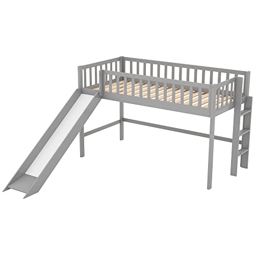 Twin Loft Bed With Slide Rails Frame Wood For Junior Kids Slat Support, No Box Spring Needed #TOP6