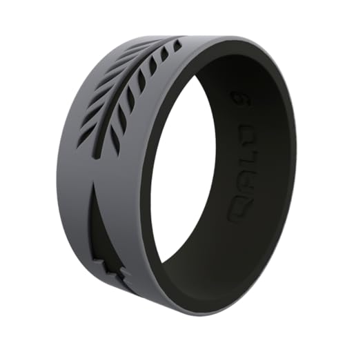 QALO Men's Rubber Silicone Ring, Strata Arrow Two Tone, Silicone Rubber Wedding Band, Breathable, Durable Wedding Ring for Men, 9mm Wide 2mm Thick, Black & Grey, Size 9