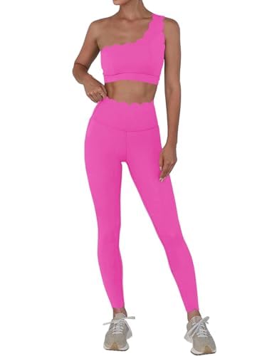 Fisoew Workout Sets for Women 2 Piece High Waisted Leggings with One Shoulder Stretchy Sports Bra Gym Tracksuits