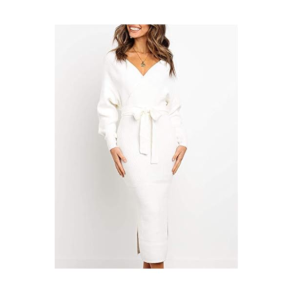 Chang Yun Women's Long Maxi Sweater Dresses Sexy Wrap Batwing V Neck Slit Open Back Holiday Bodycon Dress with Belt