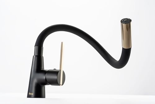 Rea Rubinetto Cucina Icon Nero/L.Oro Miscelatore Lavello Cucina In Ottone Miscelatore Monocomando Caldo E Freddo Regolabile Girevole A 360° (Nero/Oro Chiaro) - 5