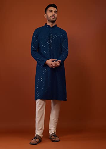 Image of Men's Rayon Blend Lucknowi Sequence Kurta Pyjama (Chickankari)