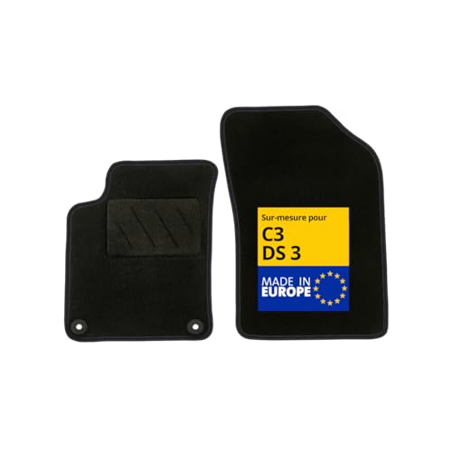 DBS - Tapis de Voiture sur Mesure - Adapté à Votre Citroen/DS C3 / DS3 (11/2009-07/2019) - Antidérapant : Clips de Fixations et Scratch - Tapis de Sol Avant 2 pièces - Moquette - Noir