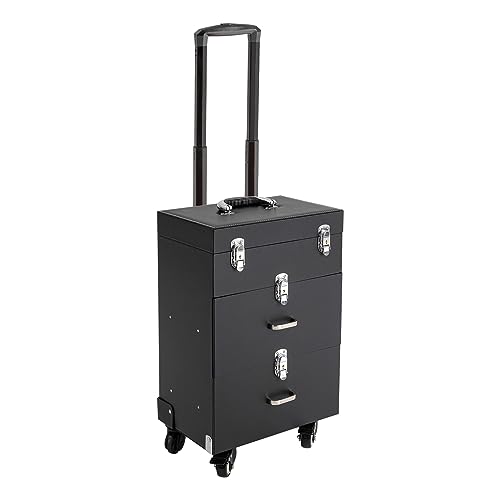 Rolling Makeup Train Case With Drawer Travel Cosmetic Box Make Up Train Storage Trolley Organizer Luggage W/ 4Universal Wheels For Makeup Artist Hairdresser Nail Artist Esthetician (Black)