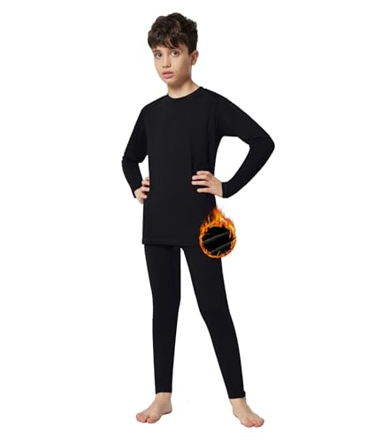 Heathyoga Thermal Underwear for Kids Thermal Set Fleece Lined Base Layer Boys Long Johns Winter Clothes for Girls Black