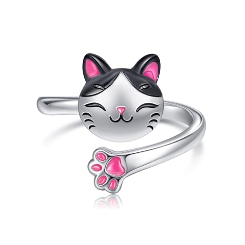 Bague en argent sterling 925 véritable, anneau réglable femme motif chat