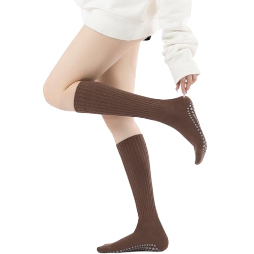 Image of Verdancy Yoga Pilates Socks with Grips for Women Ribbed Knee Highs Non Slip Cushioned Over the Calf Socks for Barre Ballet