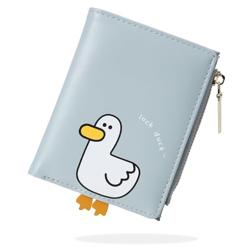 CONISY Cute Wallets for Women, Leather Bifold Small Wallet with Zipper Coin Purse, RFID Blocking Wallet for Girls and Ladies (Duck Blue)