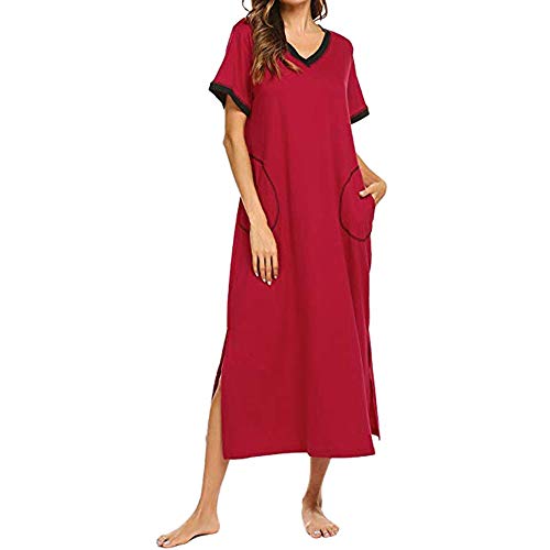 POachers Femme Chemise de Nuit Coton Manche Courte Col V 2 Poches Robe de Nuit Pyjama-Robe de soirée à Manches Courtes à Manches Courtes et à col en V pour Femmes Cover