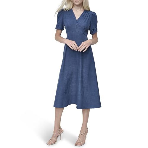 Image of DKNY Women's Short Sleeve Button Front Fit & Flare Midi Dress