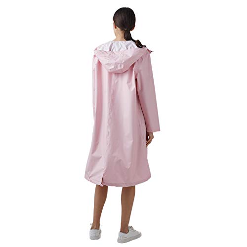 Freesmily Damen Stilvoller langer Regenmantel mit wasserdichter Regenjacke mit Kapuze (Rosa, L)