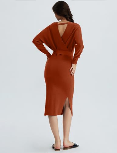 CHERFLY Women's V Neck Sweater Dresses Batwing Long Sleeve Backless Bodycon Long Dress with Belt3