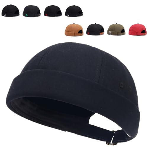 Image of Brimless Hats for Men Brimless Caps, Rolled Cuff Retro Docker Hat for Womens with Adjustable Beanie Hat